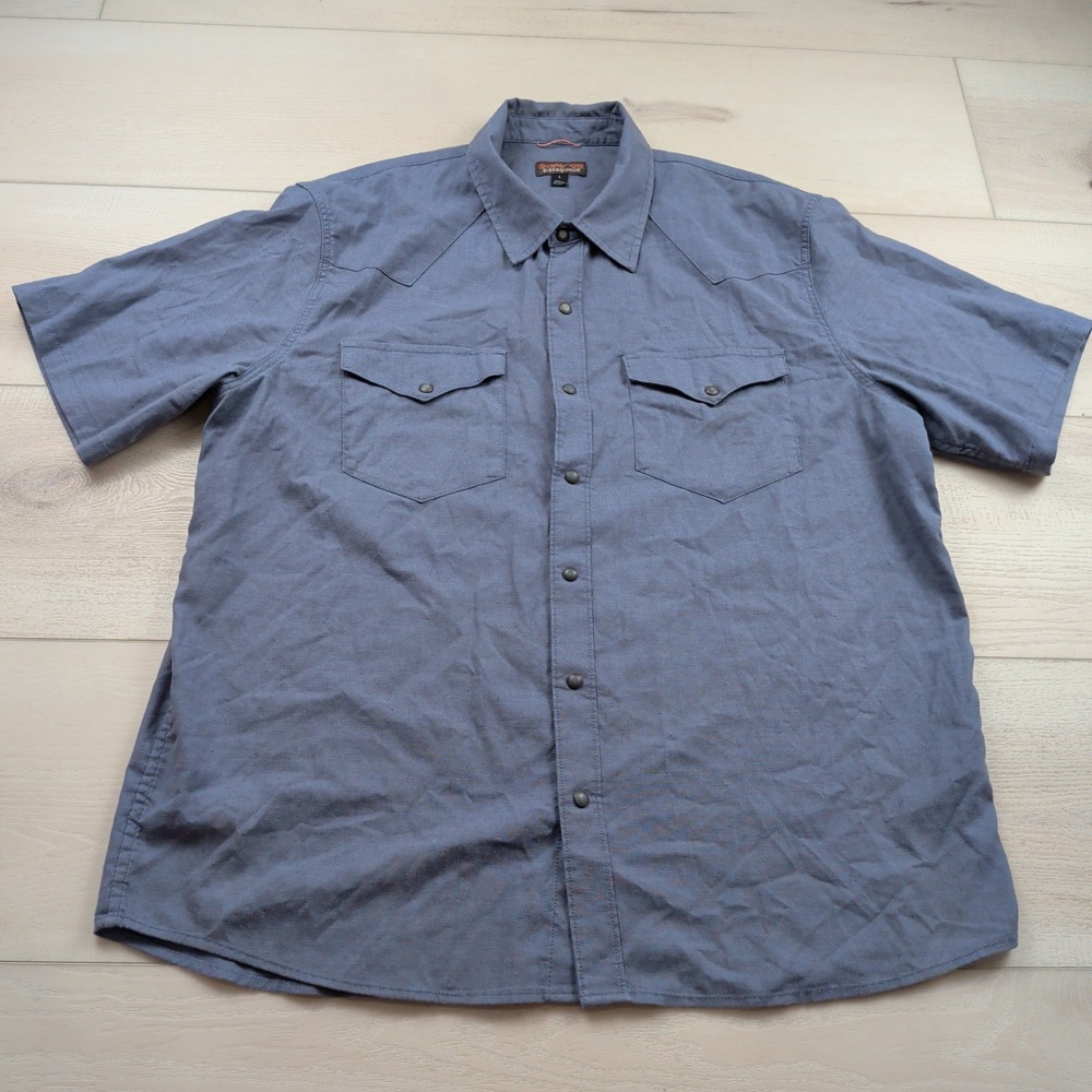 Patagonia Mens Western Snap Shirt Blue Hemp Blend Short Sleeve Large 53340